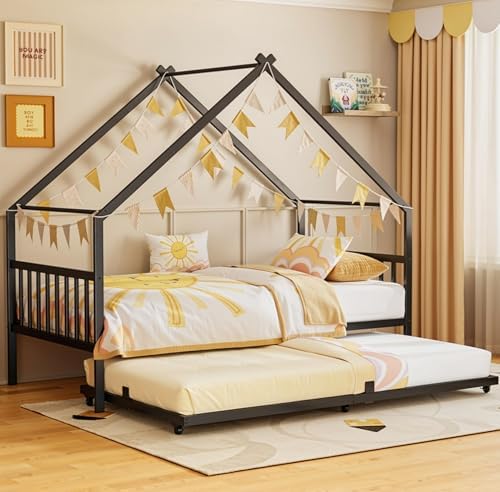 LIKIMIO Daybed with Trundle, House Twin Bed Frame for Bedroom, Black