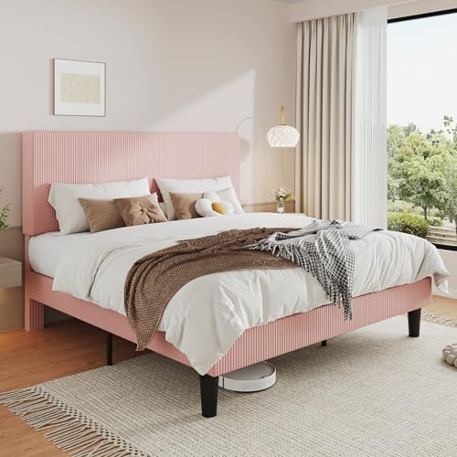 Allewie King Bed Frame, Corduroy Tufted Headboard, Light Pink