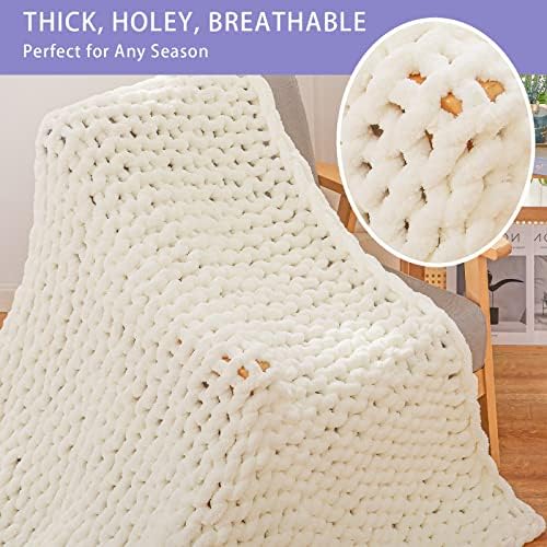 Bigacogo Chunky Knit Throw Blanket for Couch, 40x40 inches, Ivory
