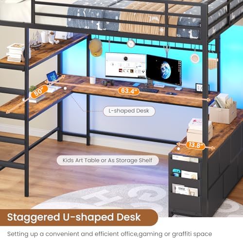 DICTAC Full Loft Bed with U-Shaped Desk,7 Storage Drawers and Charging Station,Metal Full Size Loft Bed with Led Lights and 2-Tier Storage Shelves,Teen loft Beds with Safety Guardrail & Stairs,Black