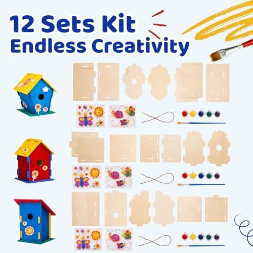 Neliblu [12 Pack] DIY Bird House Kits for Kids | 3 Unique Shapes & 2 Sizes