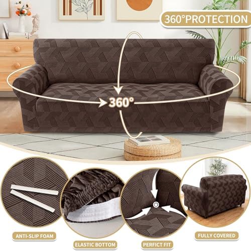 JIVINER 1 Piece Couch Cover for 2 Cushion Couch, High Stretch Loveseat Covers with Elastic Bottom, Washable Sofa Slipcovers for Dog, Pets Feature Geometrical Jacquard Fabric (Loveseat, Brown)