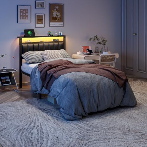 Furnulem Black Twin Bed Frames with PU Upholstered Headboard & LED Lights