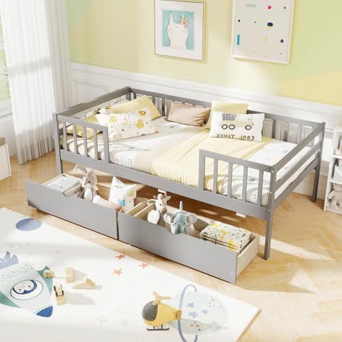 KOMFOTT Wood Twin Bed Frame with Fence Rails & 2 Pull-Out Drawers, Kids Twin Bed Frame with Side Shelf, No Box Spring Needed Solid Wood Slats Supported Daybed for Children & Teens (Grey)