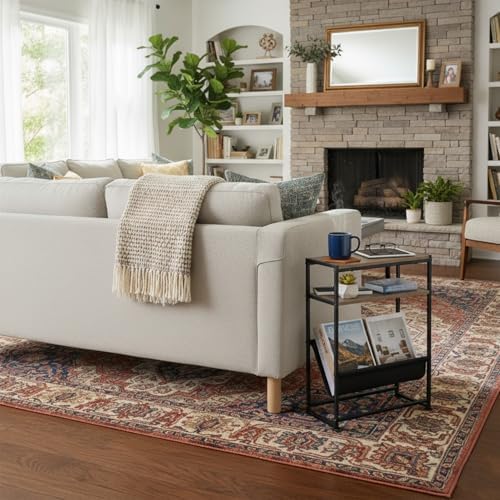Narrow End Table for Small Spaces - Slim Side Table with Magazine Holder,2 in 1 Design Narrow Coffee Table Living Room,Skinny Bedroom Nightstand Thin Side Magazine Table,Oak