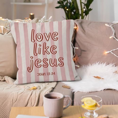 Pink Striped Christian Bible Verse Throw Pillow Cover 18x18, Love Like Jesus Religious Decorative Pillow Covers for Home Bedroom Living Room Couch, Christian Gifts Accent Pillows Cover Pillowcases