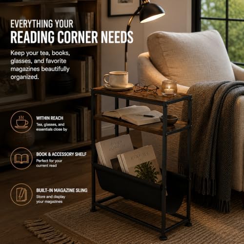 Narrow End Table with Magazine Rack, 2-Tier Slim Side Table for Small Spaces, Industrial Nightstand with Storage Sling for Living Room, Couch and Bedroom, Rustic Brown