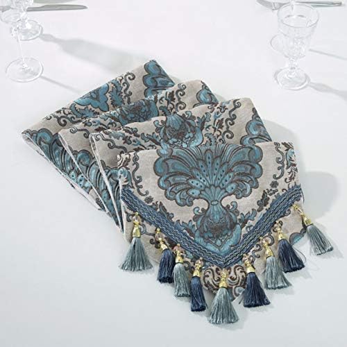 Embroidery Luxury Table Runner Jacquard Fabric Table Runner with Multi-Tassels for Dining Room Dresser Wedding Party Decorations, 13" x 82", Blue
