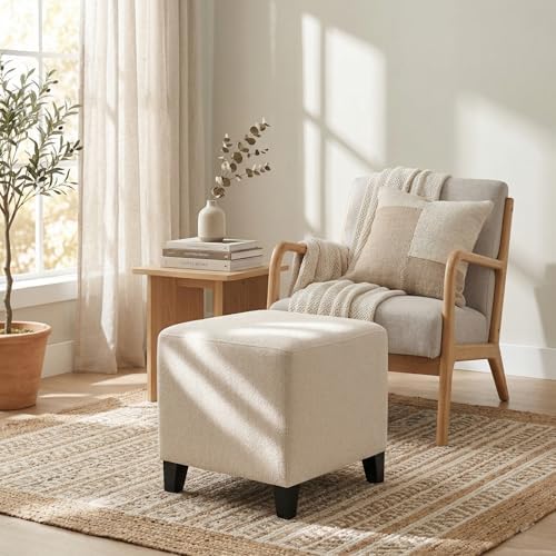 Joveco 16.3" Square Cube Ottoman, Modern Linen Fabric Foot Stool with Solid Wood Legs, Cream White Padded Footrest & Vanity Seat for Living Room, Bedroom, Entryway Shoe Bench