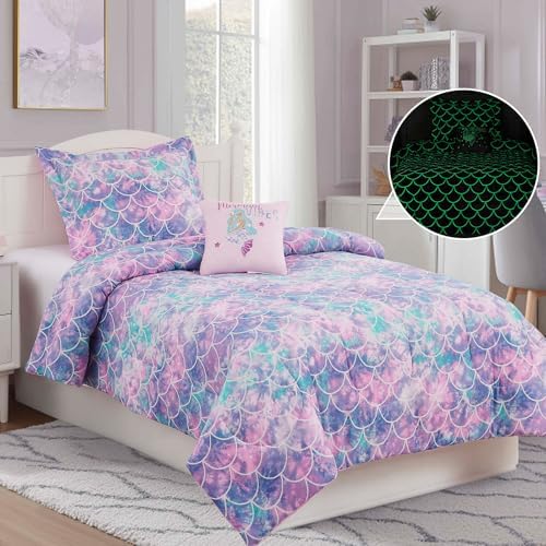 Full Size Comforter Sets for Girl-4 Pieces Mermaid Glow in the Dark Bedding