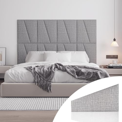Peel and Stick Headboard for Queen Bed Linen Fabric Upholstered Wall Mounted Headboard - Wall Padding Panel in Light Grey for Bedroom/Living Room/Dorm (6 Panels)