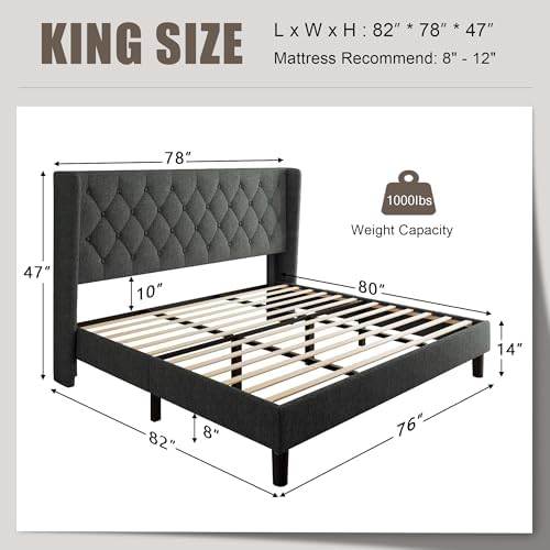 Einhomn King Size Platform Bed Frame with Upholstered Wingback Headboard, 12" Under Bed Space, Wooden & Metal Slats Support, No Box Spring Needed, Black