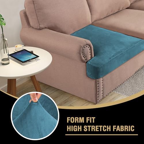 H.VERSAILTEX Stretch Velvet 2 Piece T Cushion Sofa Slipcovers Individually Sofa Cushion Covers for 2 Cushion Couch Seat Cushion Cover for Sofa Seat Cushion Cover Stay in Place (Sofa,Peacock Blue)