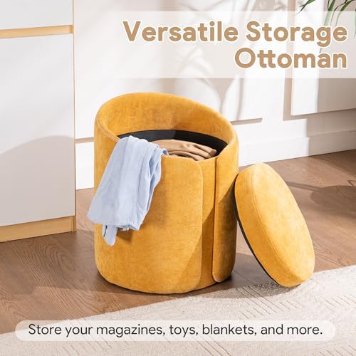 Storage Vanity Stool with Gold Base Comfy Vanity Chair Modern Round Stool for Makeup Vanity Ottoman Foot Rest for Bedroom livingroom, Yellow