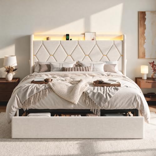 SHA CERLIN King Size Bed Frame with Storage Drawer & LED Lights, Beige