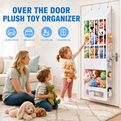 Over the Door Stuffed Animal Storage Organizer with 4 Mesh Pockets