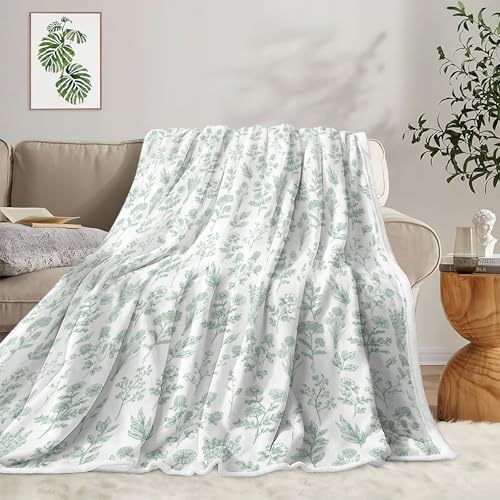 Floral Fuzzy Blanket Green Floral Throw Blanket, Botanical Flowers Blankets, Soft, Flannel, Warm, Boho Flowers Bed Blankets All Season for Couch Bedroom Living Room 50X70 Inch