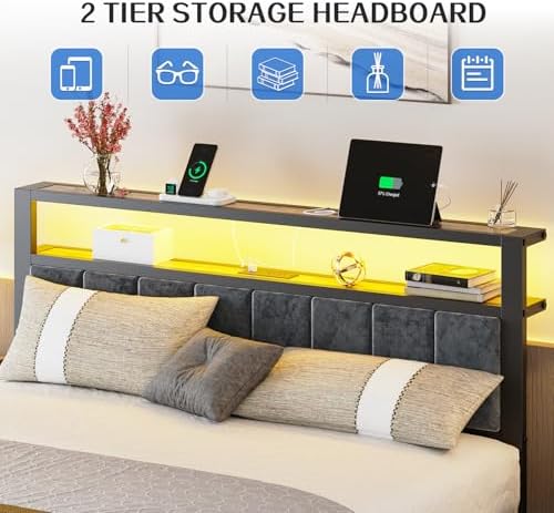 Liians Queen Size Bed Frame with 2-Tier Storage Shelf Headboard, LED Lights