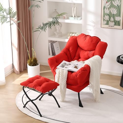 Welnow Lazy Chair with Ottoman, Reading Chair with Footrest,Red