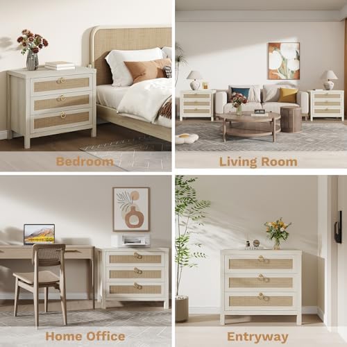 Eclatara Large Rattan Night Stand Set of 2 Boho Nightstand with 3 Drawers