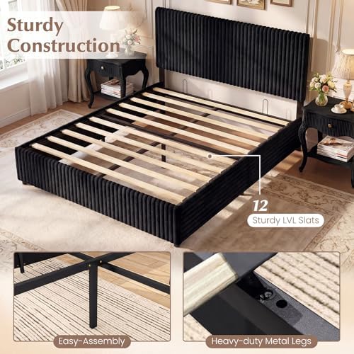 GIANTEX Queen Size Lift Up Storage Bed, Modern Corduroy Upholstered Platform w/Wingback Headboard, Hydraulic Support, Queen Bed Frame with Storage, No Box Spring Needed (Black)