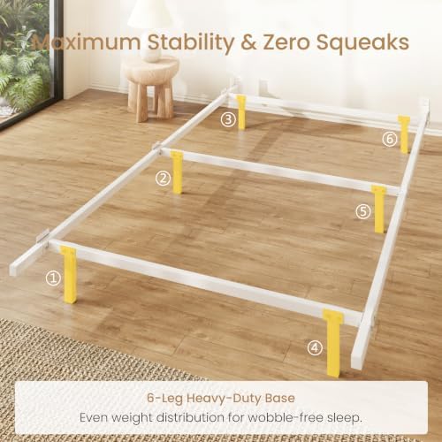 SHA CERLIN 7 Inch Metal Bed Frame, 6-Leg Box Spring Base, White, Twin