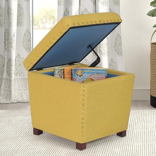 Adeco Square Storage Ottoman with Hinged Lid, Modern Accent Bench Footrest Stool, Coffee Table for Living Room Bedroom,Yellow Large