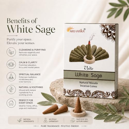 ARO VATIKA Vedic White Sage Natural Incense Cones Pack of 120, 12 Premium Boxes Non-Toxic Dhoop Cones for Meditation, Yoga, Spiritual Healing, Relaxation & Home Fragrance, Burn Time- 25 Mins