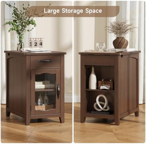 ONBRILL Rustic End Table with Charging Station, Narrow Side Table, Walnut