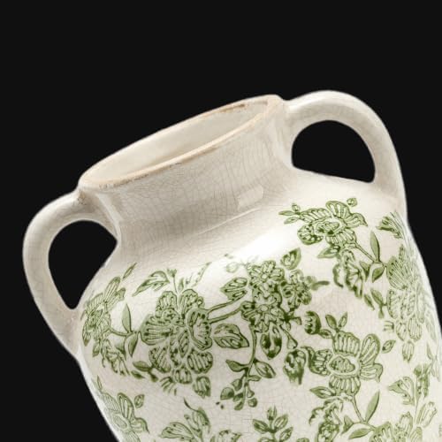 Ceramic Vase with Handles, Vintage Utensil Holder, Flower Decorative Vase Chinoiserie Decor Rustic Farmhouse Retro Floral Vases for Table Bookshelf Mantel Kitchen Living Room Office - 6.7” Green 018