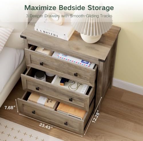 Farmhouse Nightstands Set of 2, Bedside Table with Drawers, Grey