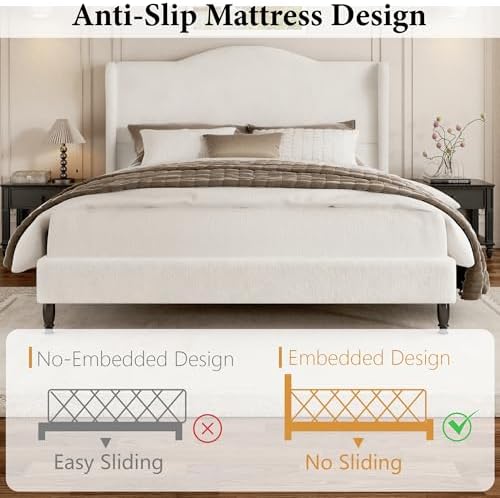 Queen Bed Frame with Wingback Headboard, Upholstered Boucle Platform Bed Frame, Solid Wooden Slats Support, Noise-Free, No Box Spring Needed, Soft Cloud Bed for Bedroom, Cream