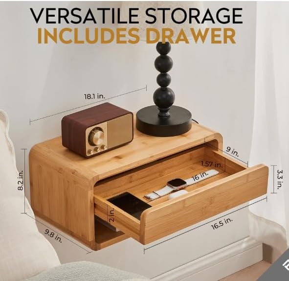 Bamboo Floating Nightstand with Storage Drawer, Wall Mounted Bedside End Tables with Open Shelf, Modern Bedside Cabinet Storage for Bedroom Living Room