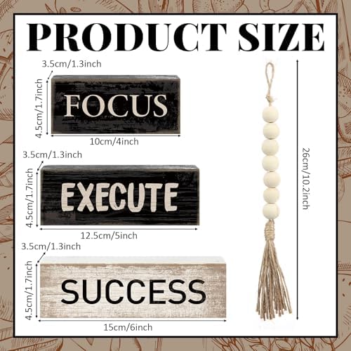 Yuntau 4 Pcs Motivational Desk Decor Wood Block Signs Focus Execute Success