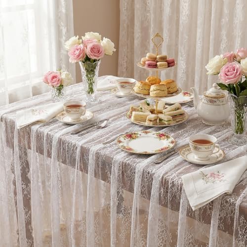 LuoluoHouse 2 Packs 60 x 120 Inch White Lace Rustic Table Cloths Vintage