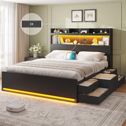 DICTAC Queen Bed Frame with Storage Headboard & 5 Drawers, LED Bed Frame Queen Size with Charging Station, Wooden Platform Storage Bed with Heavy-Duty Metal Support, No Box Spring Required, Noise-Free