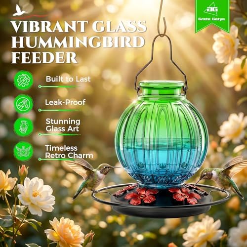 Glass Hummingbird Feeder for Outdoors Hanging, Bird Nectar Feeder with Perch & 5 Flower Feeding Ports, 26 Oz Leak Proof for Outside Garden Decor Backyard, Gifts for Women Mom, Green & Blue