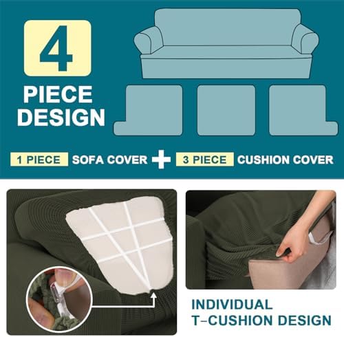 Turquoize 4 Piece T Cushion Sofa Slipcovers Stretch Couch Cover Furniture Covers with 3 Individual T Cushion Covers, Machine Washable (3 Cushion Sofa, Olive)