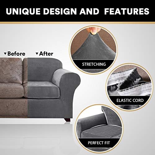 PrinceDeco Velvet Plush Couch Cover Stretch 2 Piece Chair Cover Chair Slipcover Washable Furniture Protector Couch Soft with Elastic Bottom Armchair Cover Width Up to 49 Inch(Small, Grey)