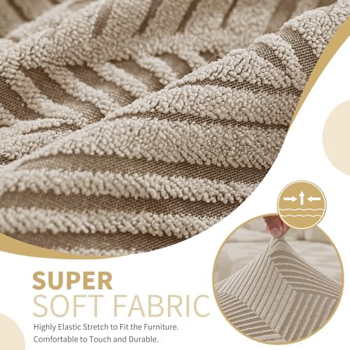 JIVINER 1 Piece Couch Cover for 2 Cushion Couch, High Stretch Loveseat Covers with Elastic Bottom, Washable Sofa Slipcovers for Dog, Pets Feature Geometrical Jacquard Fabric (Loveseat, Khaki)