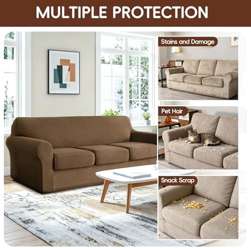 4 Pieces Stretch Couch Covers for 3 Cushion Sofa Cover Decorative Sofa Slipcover Non Slip Washable Thick Soft Elastic Furniture Protector for Pets,(Large, Coffee)