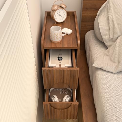 Narrow Fluted Nightstand Set of 2, Wooden Small 2 Drawer Nightstand, Slim Side End Table, Vintage Bedside Table, Mid Century Modern Night Stand with Drawers, for Living Room, Bedroom, Walnut