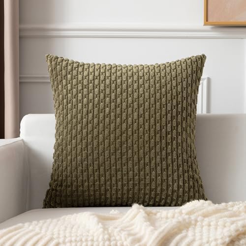 Kevin Textile Soft Corduroy 22x22 Inch Pillow Covers 2 Pack, Olive Green