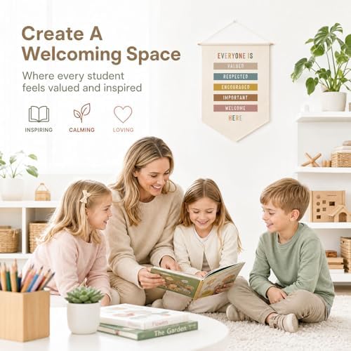 Welcome Banner for Classroom Wall Decor, Everyone Is Welcome Here Wall Hanging Sign, Boho Rainbow Playroom Decor, Classroom Welcome Sign for Teachers Kids
