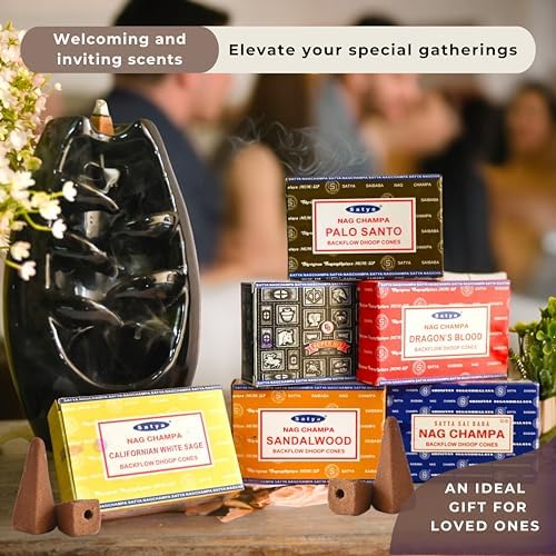 Nag Champa|Super Hit|Dragons Blood|Palo Santo|Sandalwood|Californian White Sage Variety Pack Backflow Incense Cones for Waterfall Aromatic Smoke Fountain Haze Falls and Mat Bundle - Pack of 6