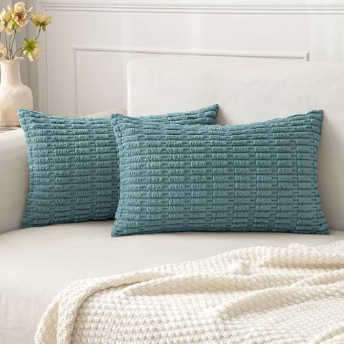 MIULEE Lumbar Corduroy Decorative Throw Pillow Covers 12x20 Coastal Blue