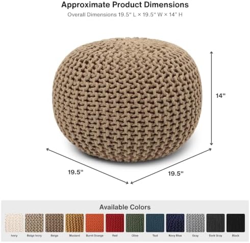 · REDEARTH · Round Pouf Ottoman - Hand Knitted Boho Poof Footrest - Beige