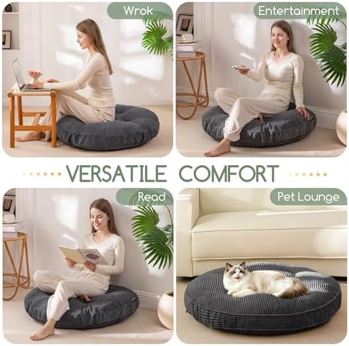HIGOGOGO 35" Floor Pillow Cushion for Adults, Meditation Cushion Pillow, Extra Large Square Floor Sitting, Tufted Corduroy Cover for Tatami Living Room or Yoga, Dark Grey