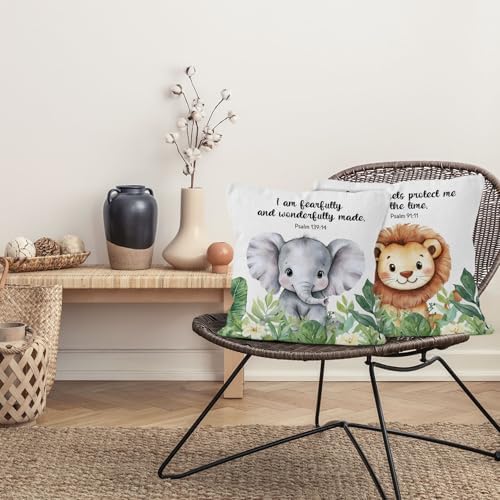 Christian Animal Nursery Throw Pillow Cover 18x18, Bible Verse Lion Elephant Decorative Pillow Covers for Kids Nursery Room Bedroom Playroom, Religious Accent Pillows Cover Pillowcases, Set of 2