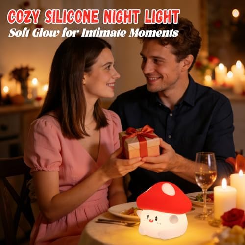 Mushroom Night Light for Kids, Cute Squishy Silicone Mushroom Lamp, 50-Hour Rechargeable Bedside Nursery Light with Tap Control, 30-Min Auto-Off Timer, Kawaii Room Decor Gift for Girls